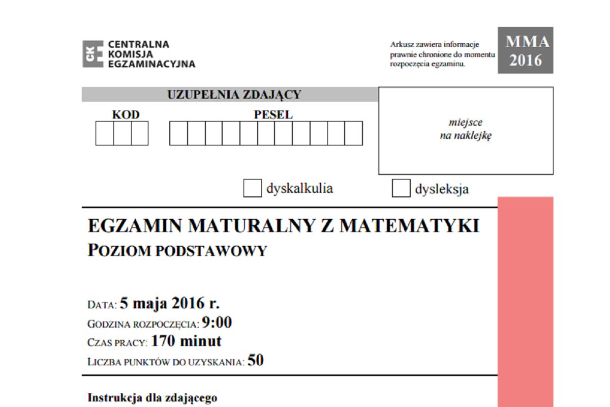 Matura z matematyki - poziom podstawowy [POBIERZ ARKUSZ]