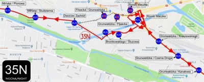 mapa - zmiana trasy linii 35N - ZDMiKP