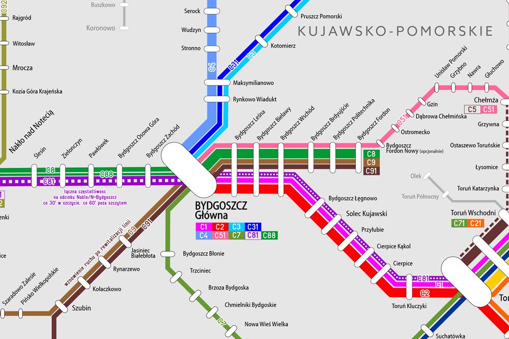 12 linii kolejowych, w tym cztery przez Fordon. Powstał plan rozkładu jazdy na przyszłą dekadę